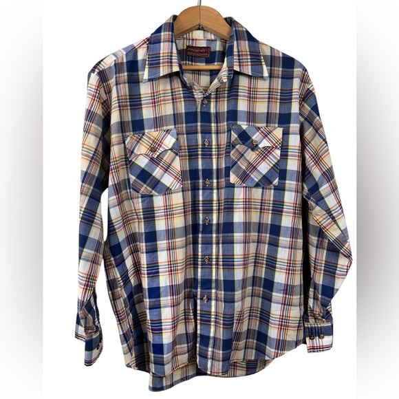 Vintage Western Shirt, L-XL, plaid, lightweight poly-cotton Cowboy Rodeo Country - Picture 1 of 6